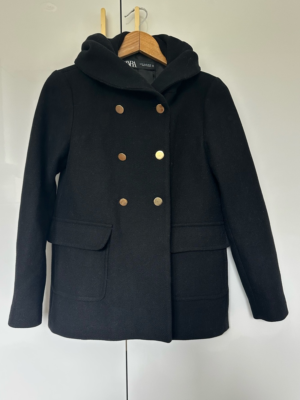 Zara Black Wool Blend Hooded Double Breasted Coat XS NWT